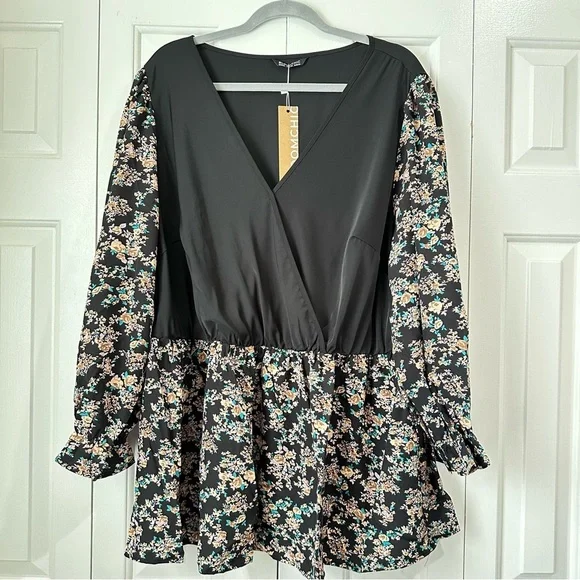 BloomChic Ditsy Floral Patchwork Elastic Waist Blouse Black / 22-24 / 3X - Picture 4 of 14